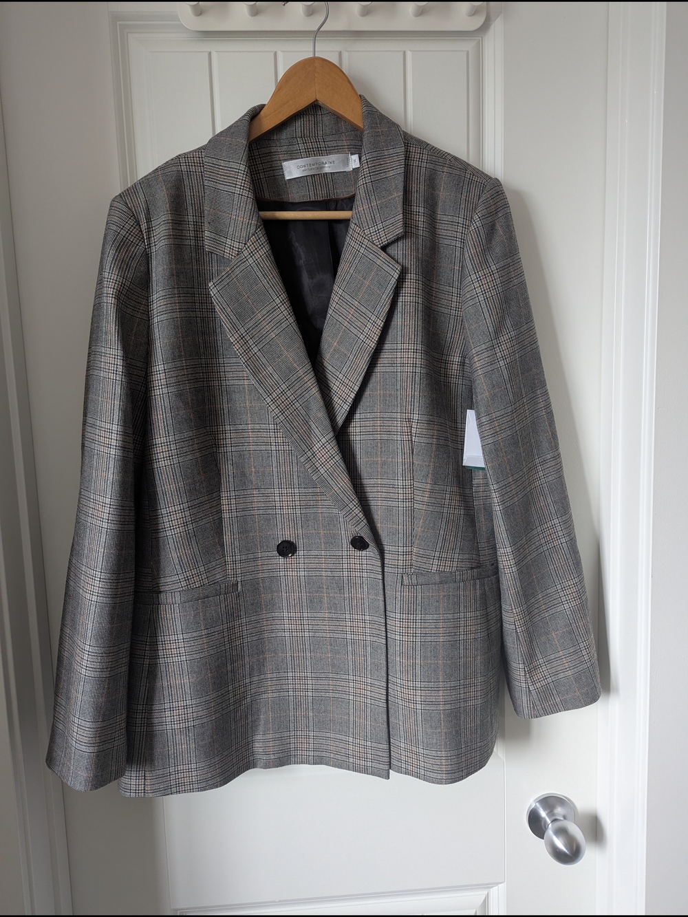Womens Plaid Double-Breasted Blazer - Gray